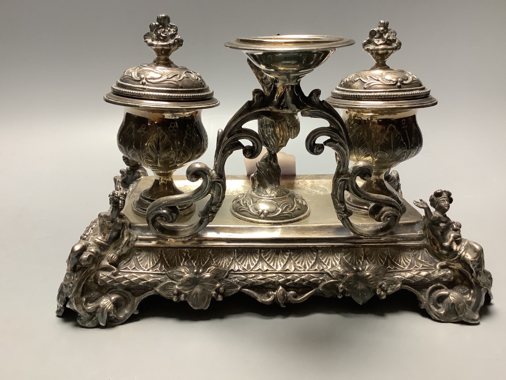 A 19th century South American? white metal inkstand, width 24cm